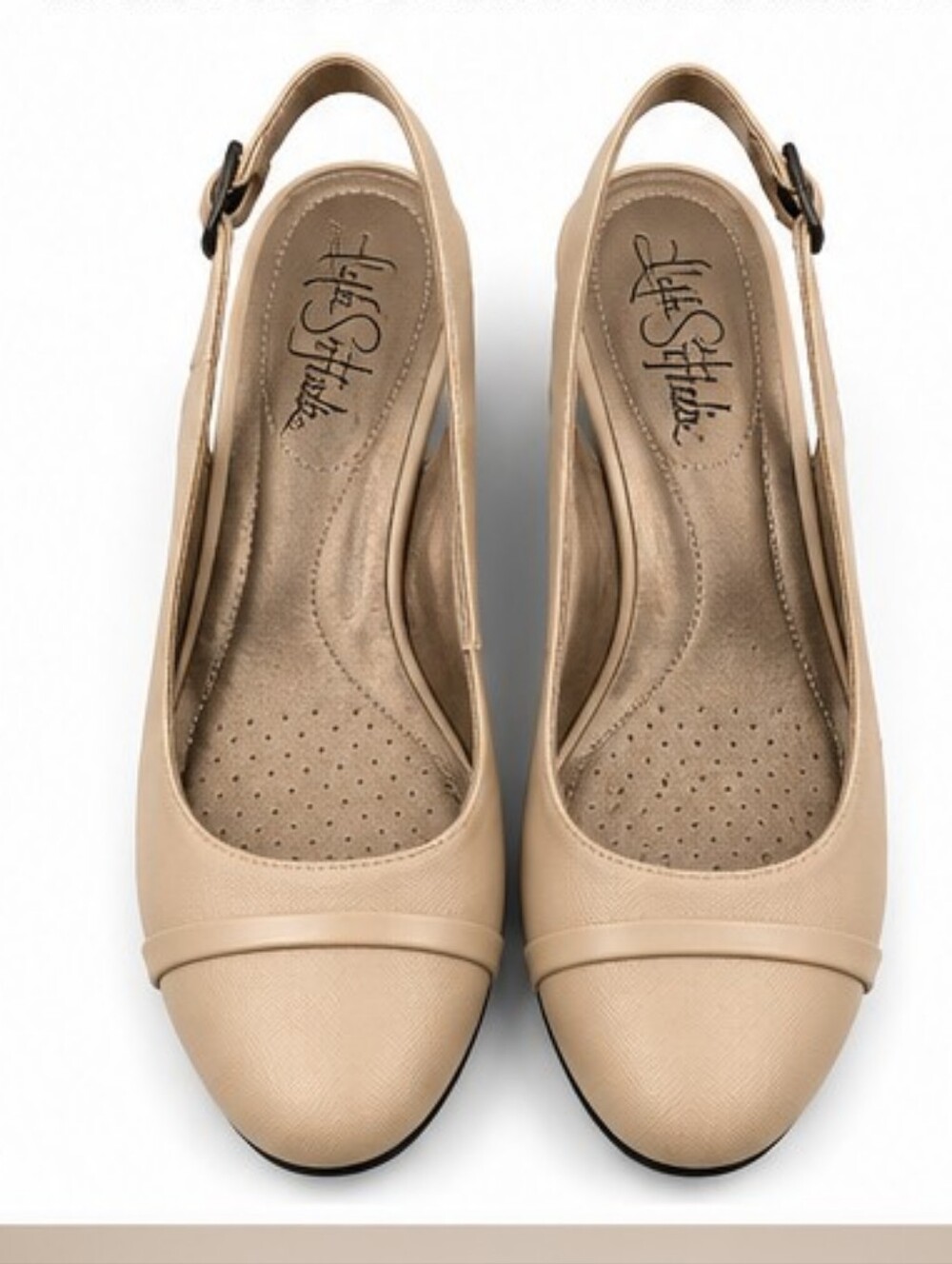 Life Stride Beige Slingback Wedge Pumps